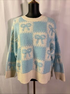 NWT Soho & Stella Blue & White Checkered Coquette Bow Crew Neck Sweater
